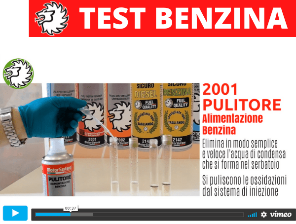 Video dimostrativo su provette, azione pulente dell'additivo 2001 MotorSistem su campioni di benzina sporca